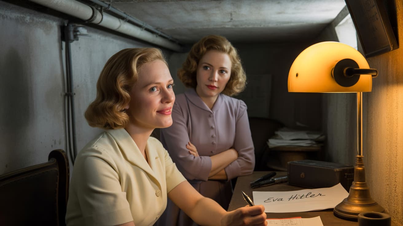 Eva Braun practicing her new signature Eva Hitler with Traudl Junge watching