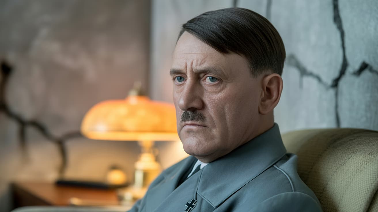 Hitler sitting alone in his bunker quarters, aged and defeated