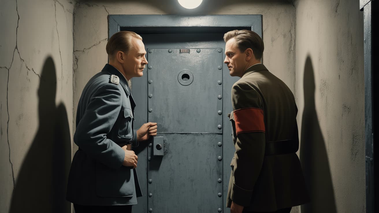 Heinz Linge and Martin Bormann standing outside Hitler's bunker door