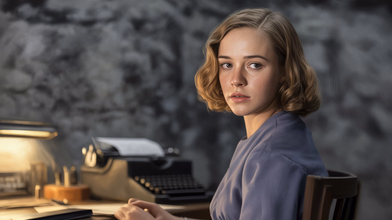 Traudl Junge sitting alone at her typewriter in the bunker