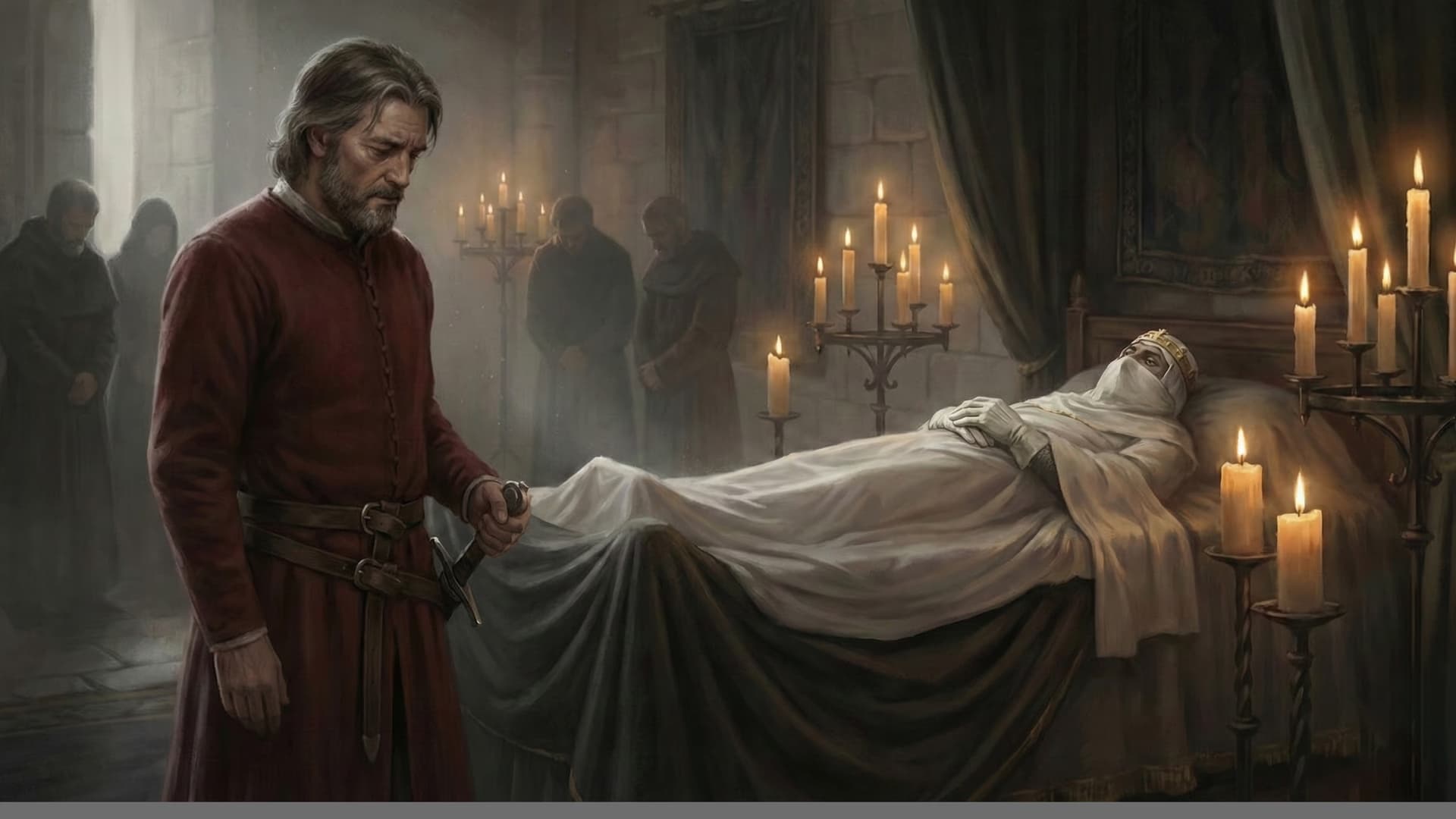 Baldwin IV on his deathbed in Jerusalem, surrounded by candles and mourners