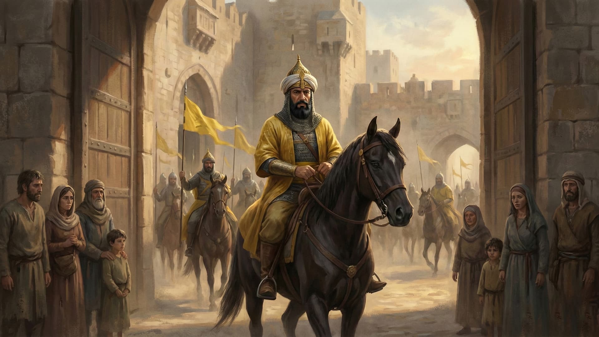 Saladin entering Jerusalem through the city gates in 1187