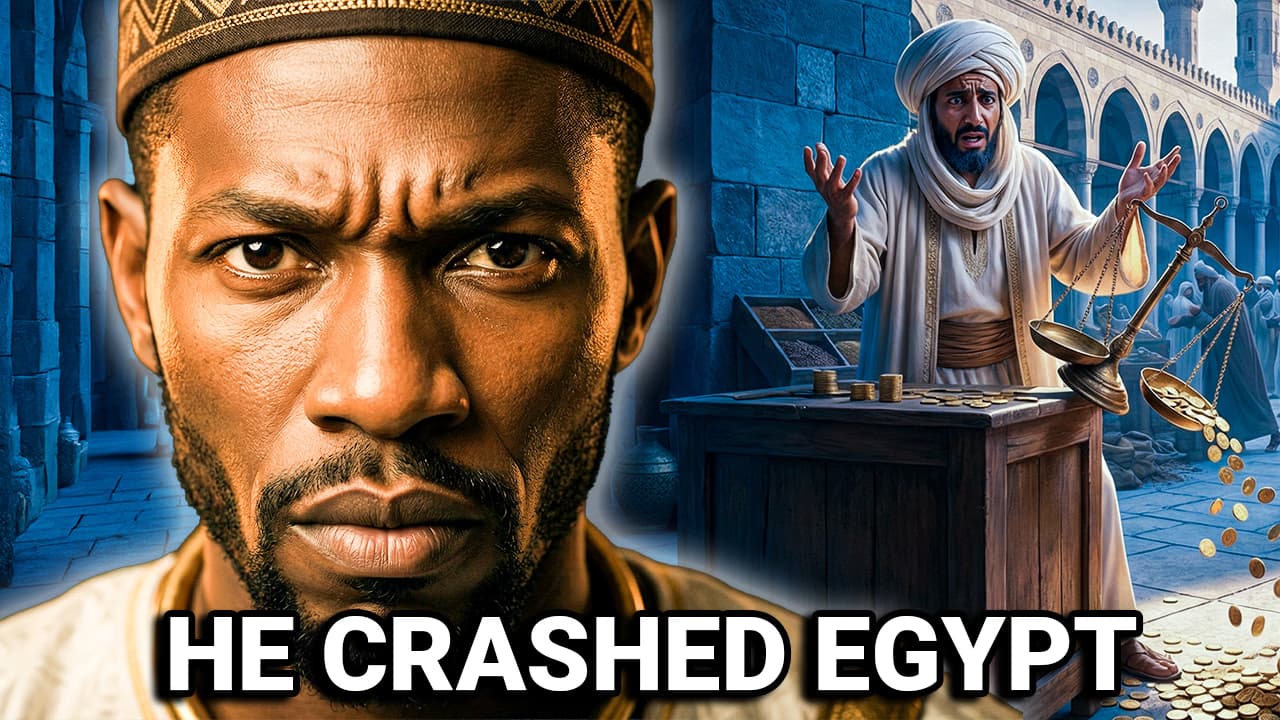 Mansa Musa alongside a depiction of a Cairo merchant surrounded by devalued gold coins