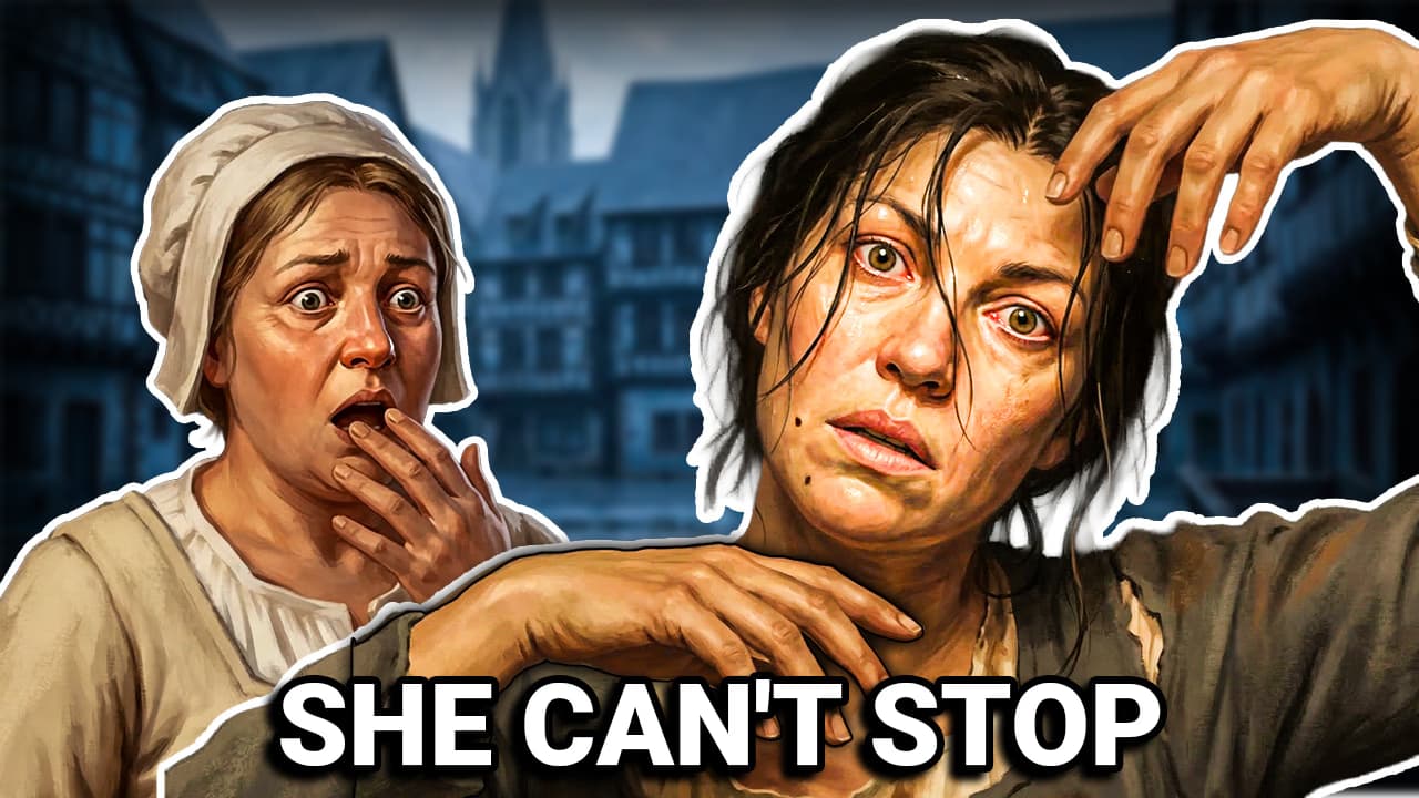 A distressed medieval woman unable to stop dancing in the streets of Strasbourg during the 1518 dancing plague