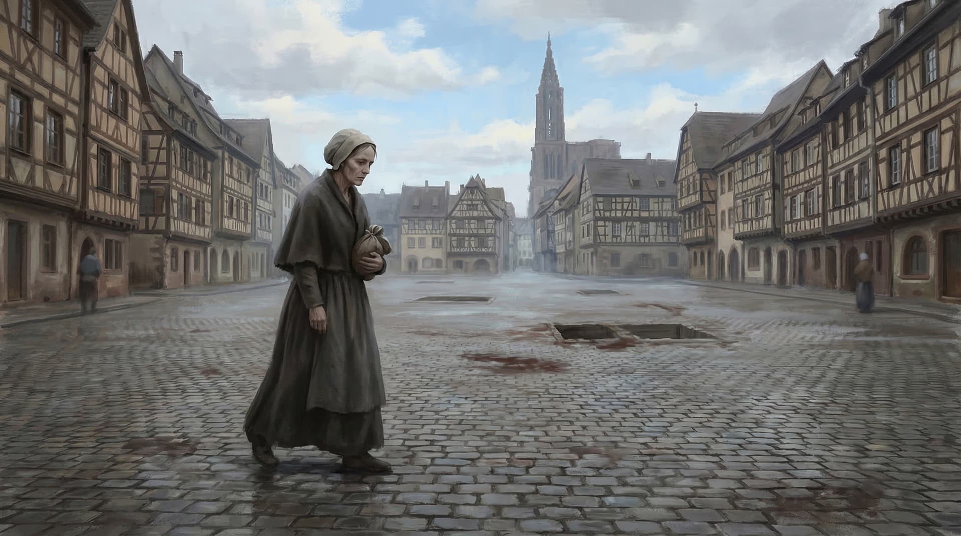 A dancer lying on the stone floor of the Saint Vitus shrine wearing red shoes while a priest kneels beside them reading prayers by candlelight with a golden statue of the saint visible in the background