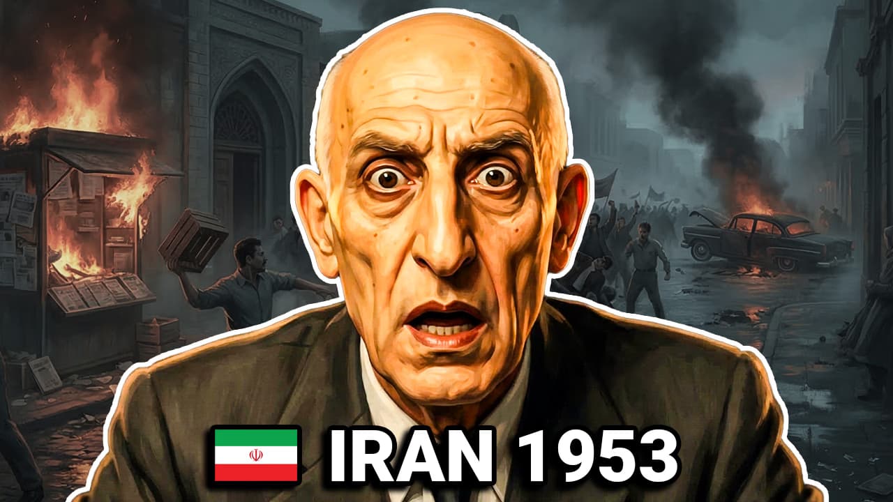 Mossadegh with burning streets of Tehran during the 1953 Iranian coup