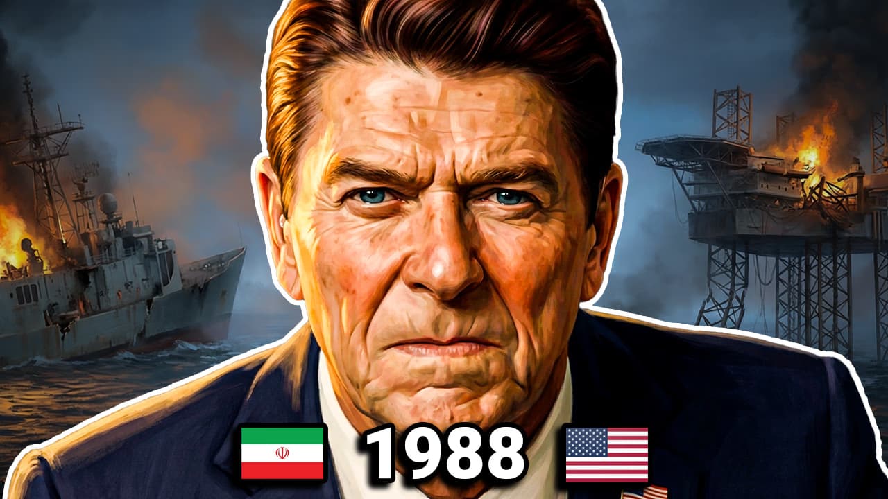 Reagan with burning Iranian warships and oil platforms in the background, 1988