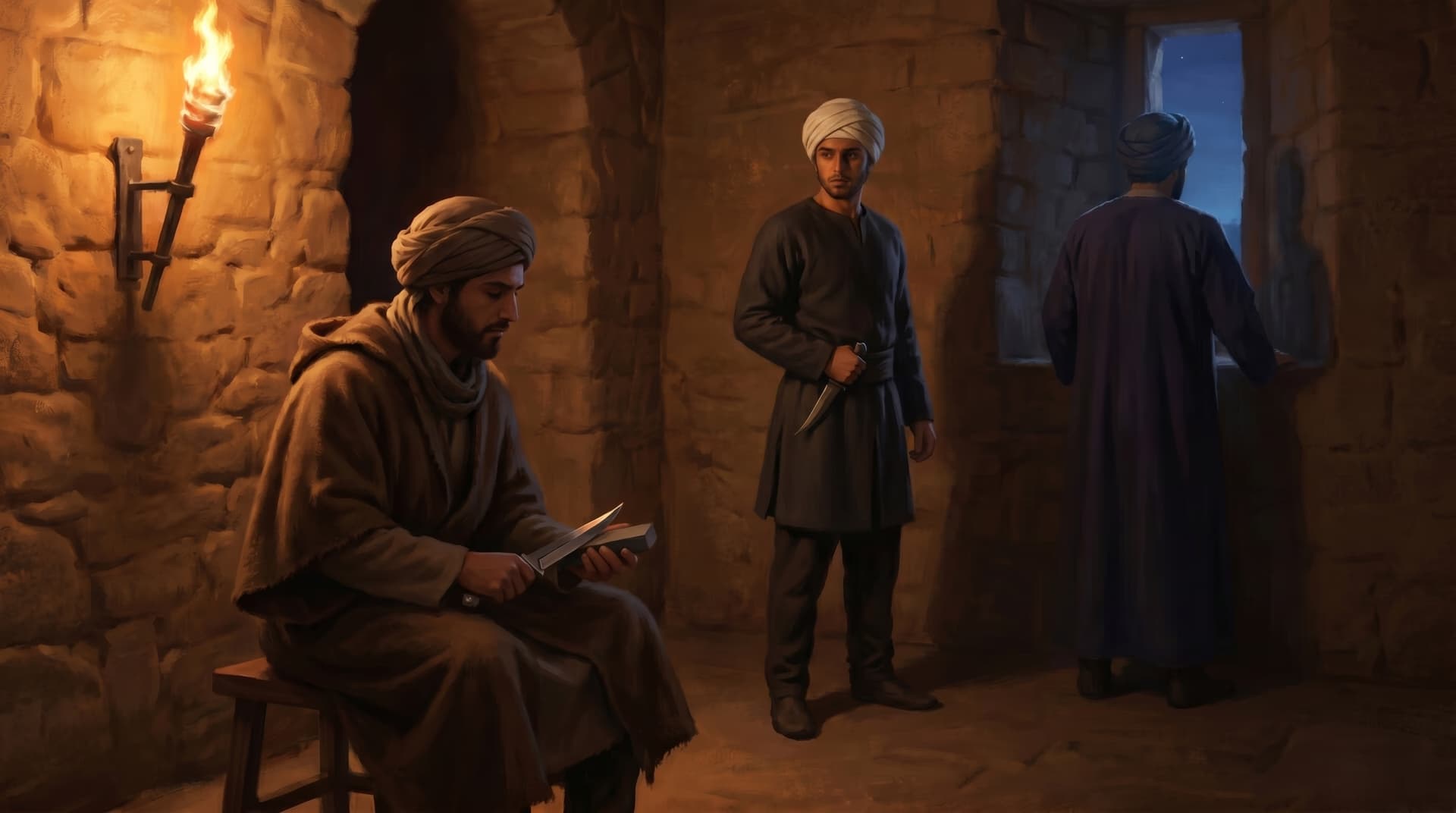 Fidai assassins in training inside a candlelit stone chamber at Alamut, one holding a dagger as Hassan-i Sabbah reads nearby