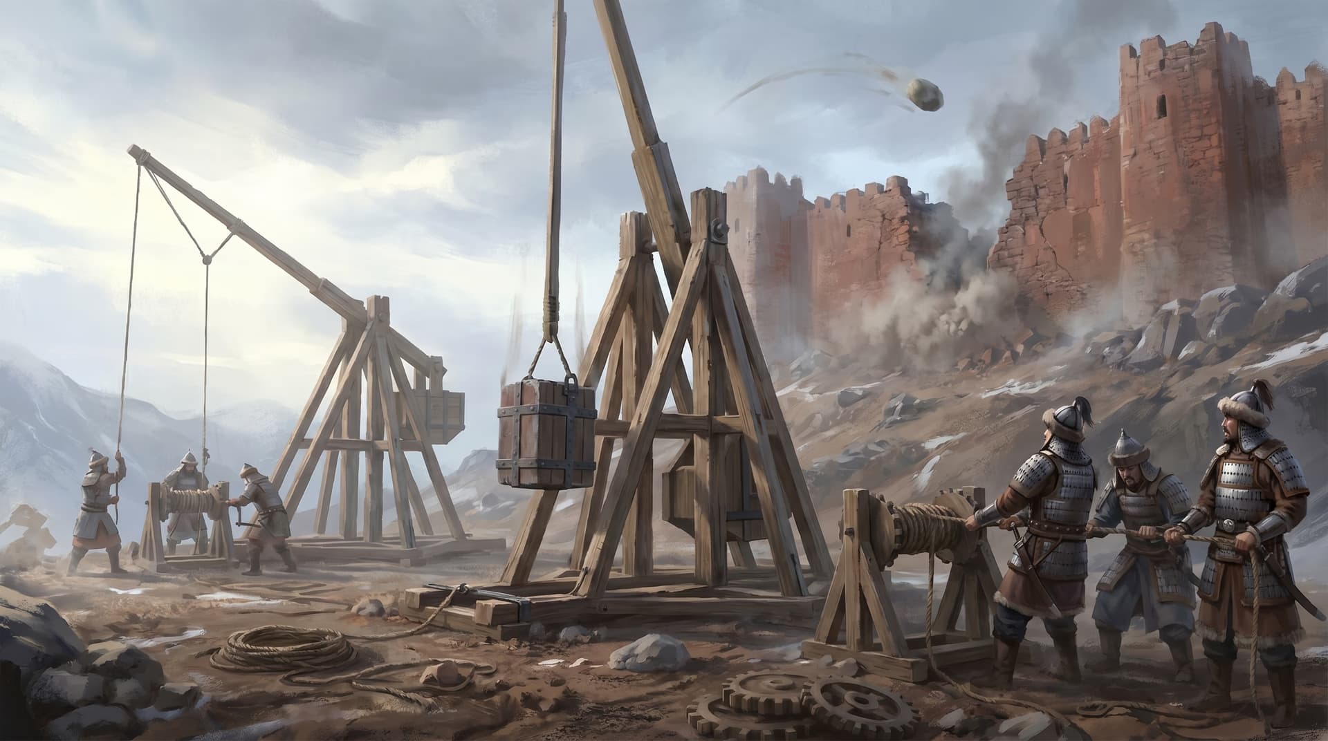 Mongol siege engines and trebuchets hurling stones at the cracking red walls of an Assassin mountain fortress in 1256