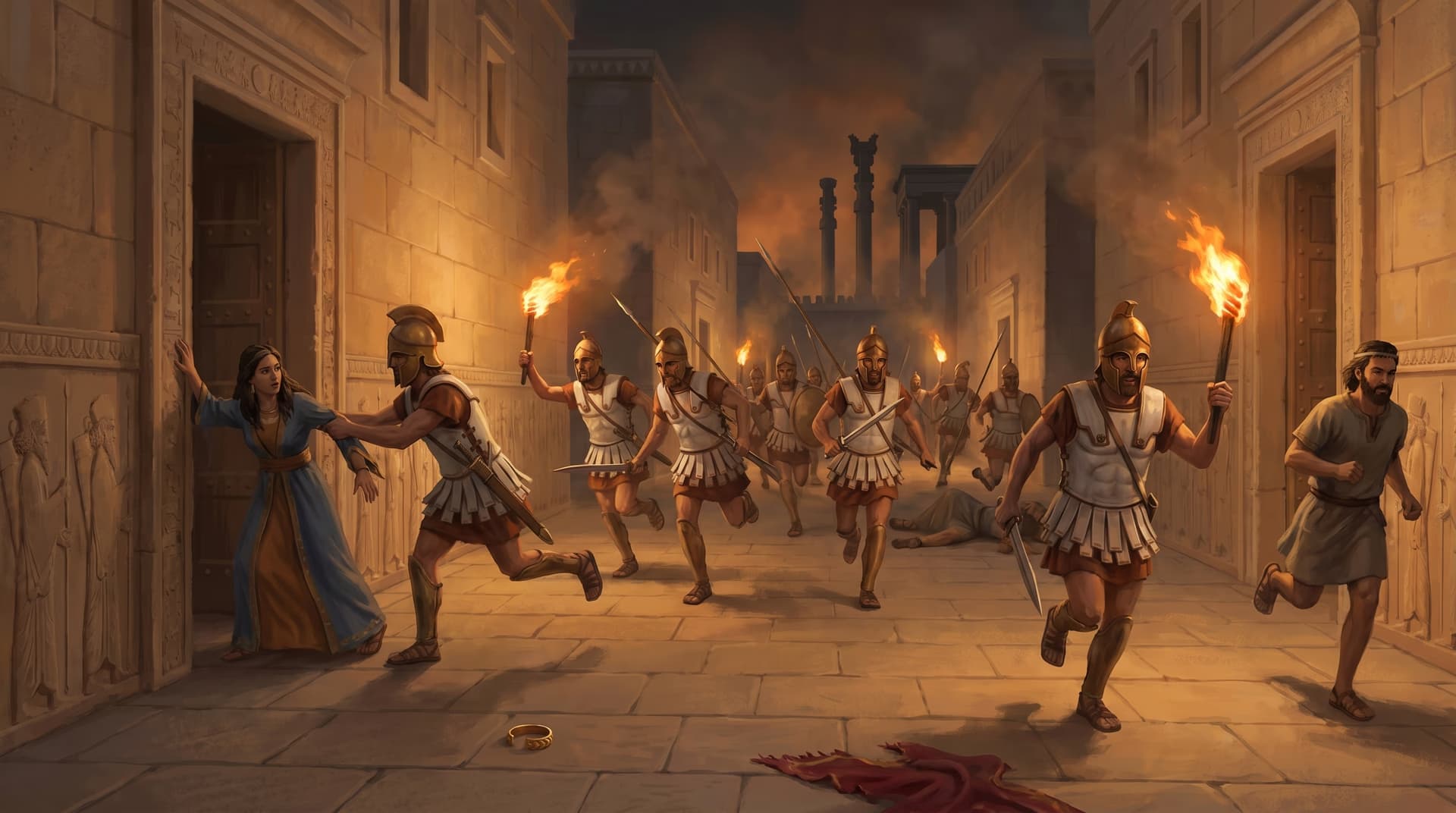 Alexander the Great in armor overlooking his Macedonian phalanx marching into the narrow Persian Gate mountain pass