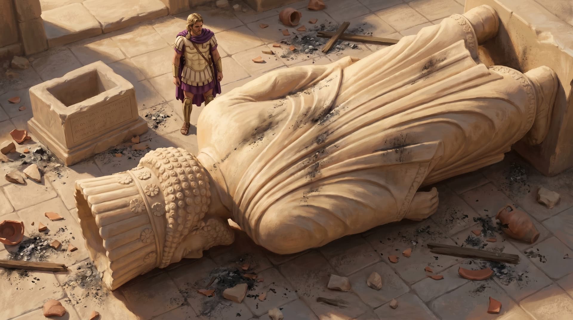 Alexander the Great standing over the toppled colossal statue of the Persian king Xerxes amid the ruins of Persepolis