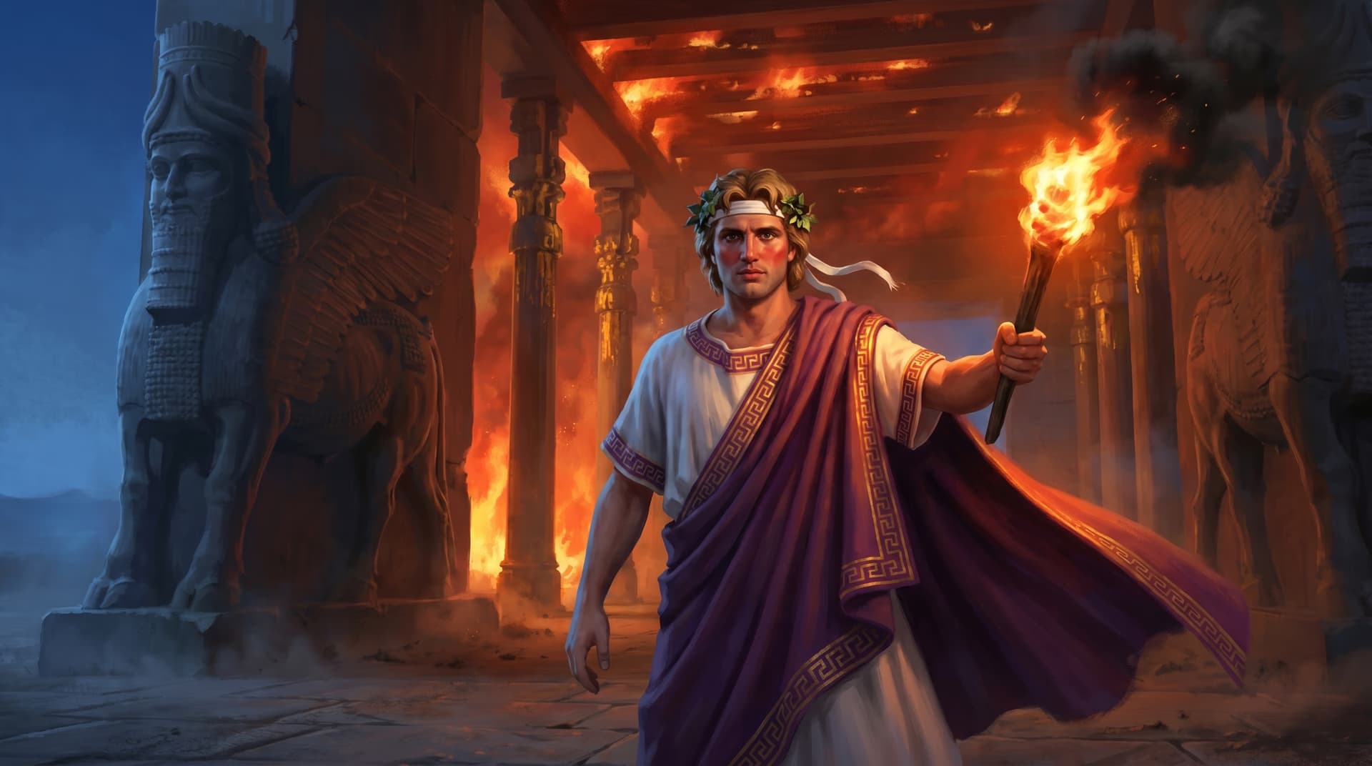 Alexander the Great holding a torch before the burning columns of Persepolis and the winged-bull gate statues