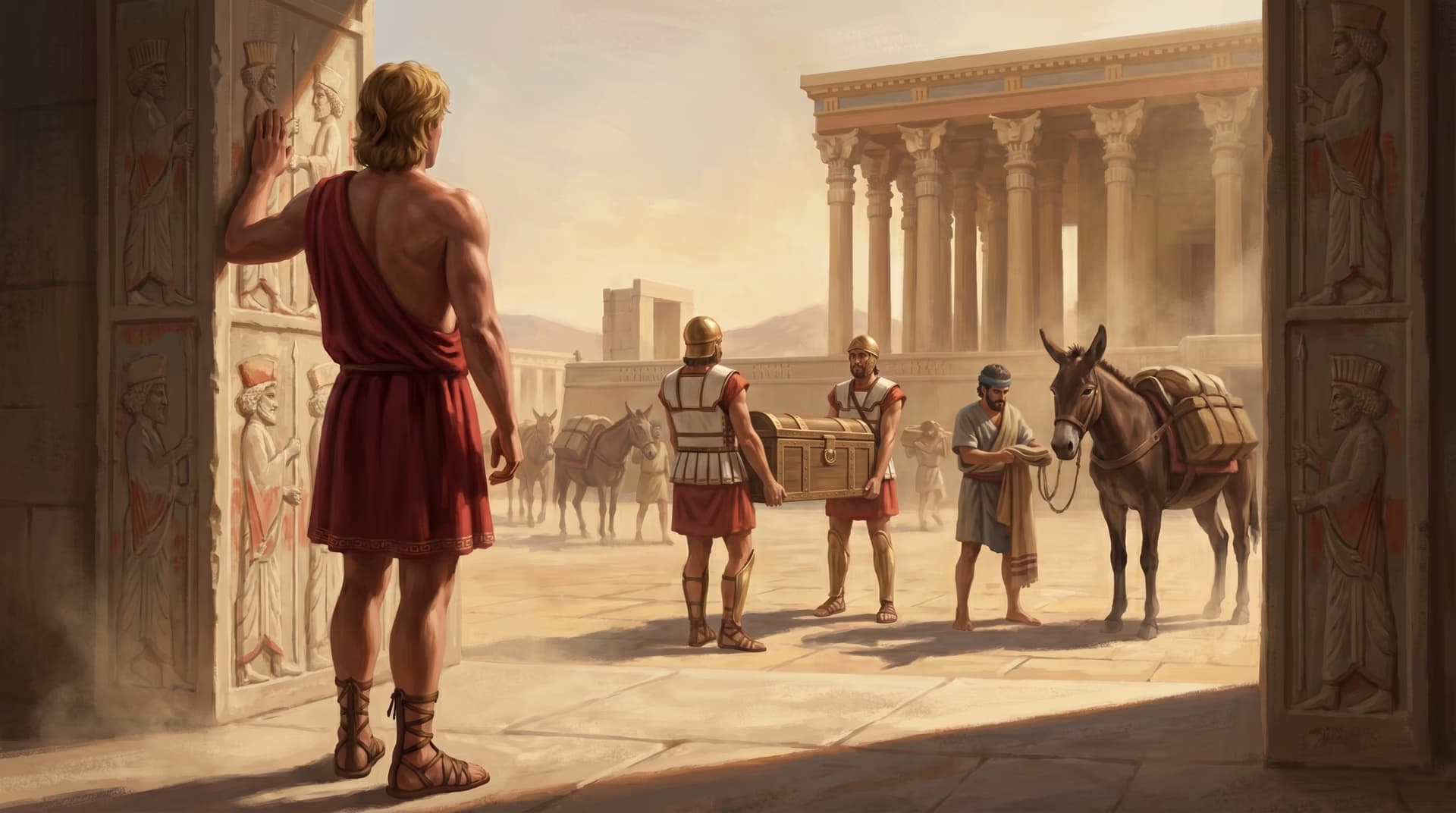 Macedonian soldiers carrying a treasure chest and loading laden mules as they strip Persepolis of its wealth