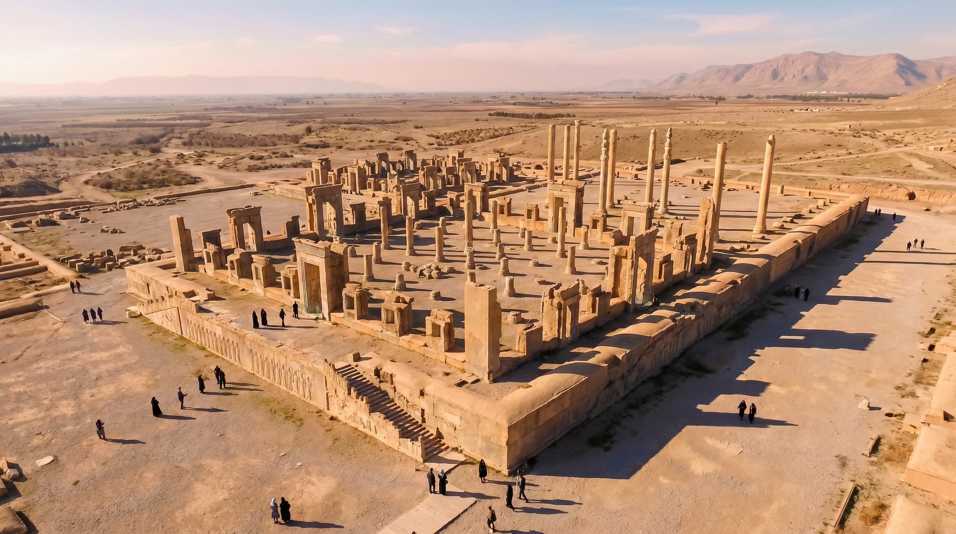 The ruined columns, staircases, and gateways of Persepolis standing in the Iranian desert with visitors walking among them today