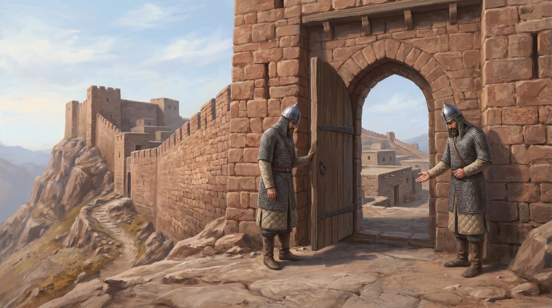 Chainmailed guards at the arched stone gate of the mountaintop fortress of Alamut, stronghold of the Order of Assassins in northern Iran