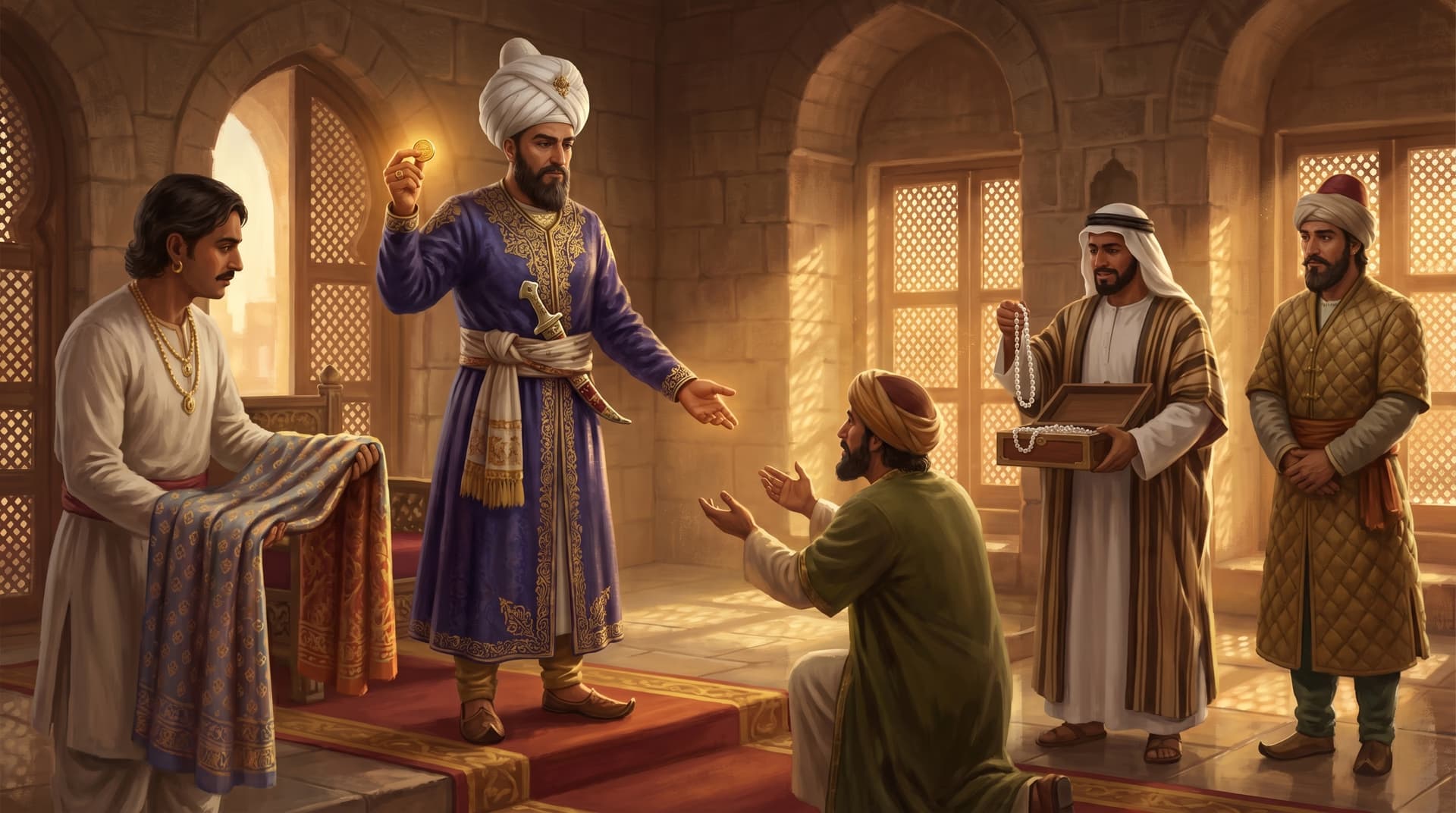 A richly dressed ruler examining a gold coin as merchants present pearls and silk in the wealthy trading hub of Hormuz around 1507