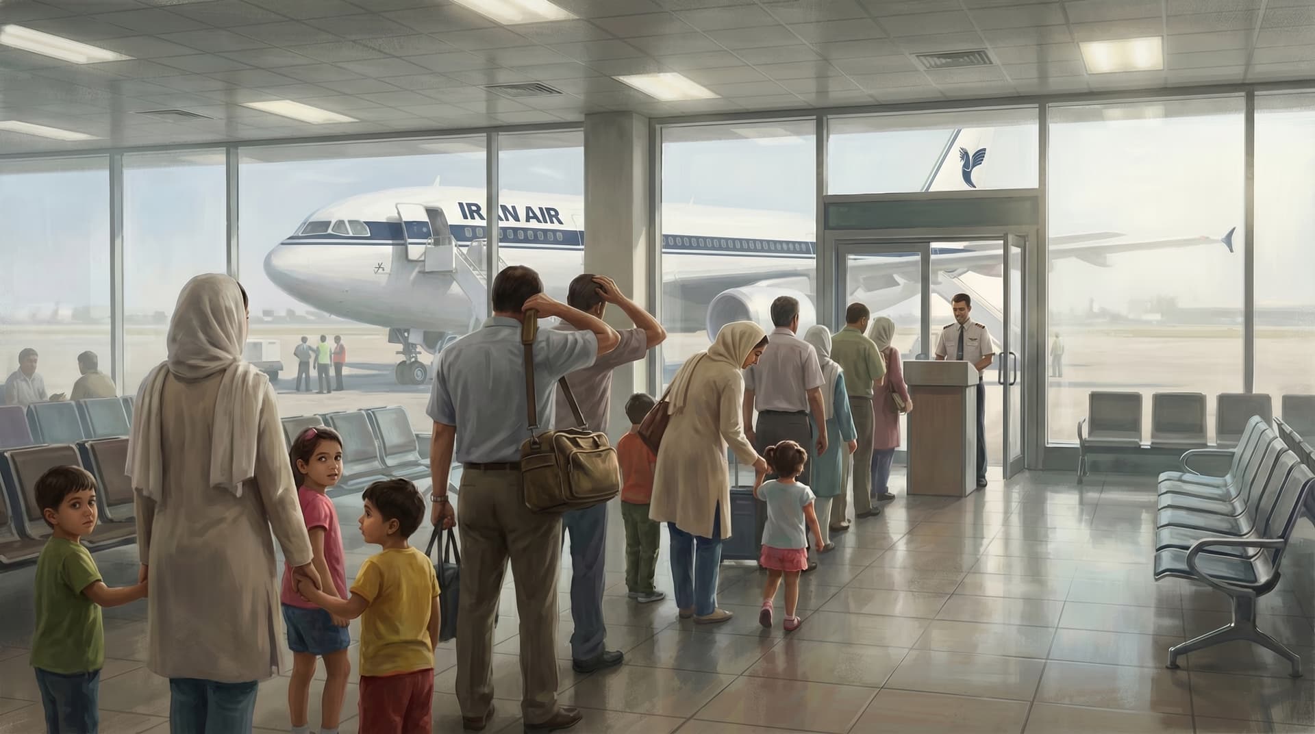 Iranian families with young children waiting at an Iran Air departure gate beside an Airbus, evoking the passengers of Iran Air Flight 655