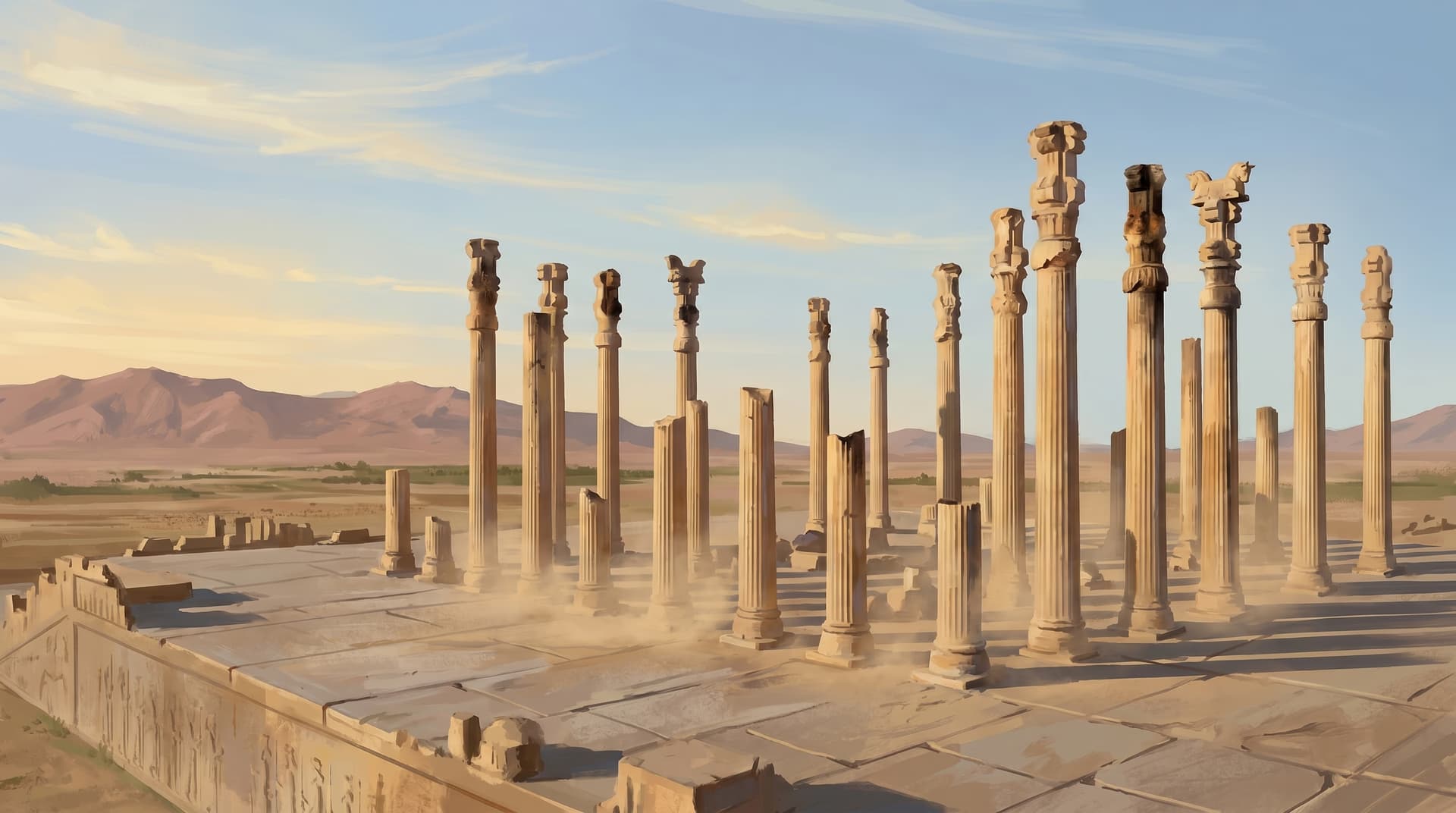 The broken, fire-blackened stone columns of Persepolis standing in the Iranian desert, the Persian ceremonial capital burned by Alexander the Great in 330 BC