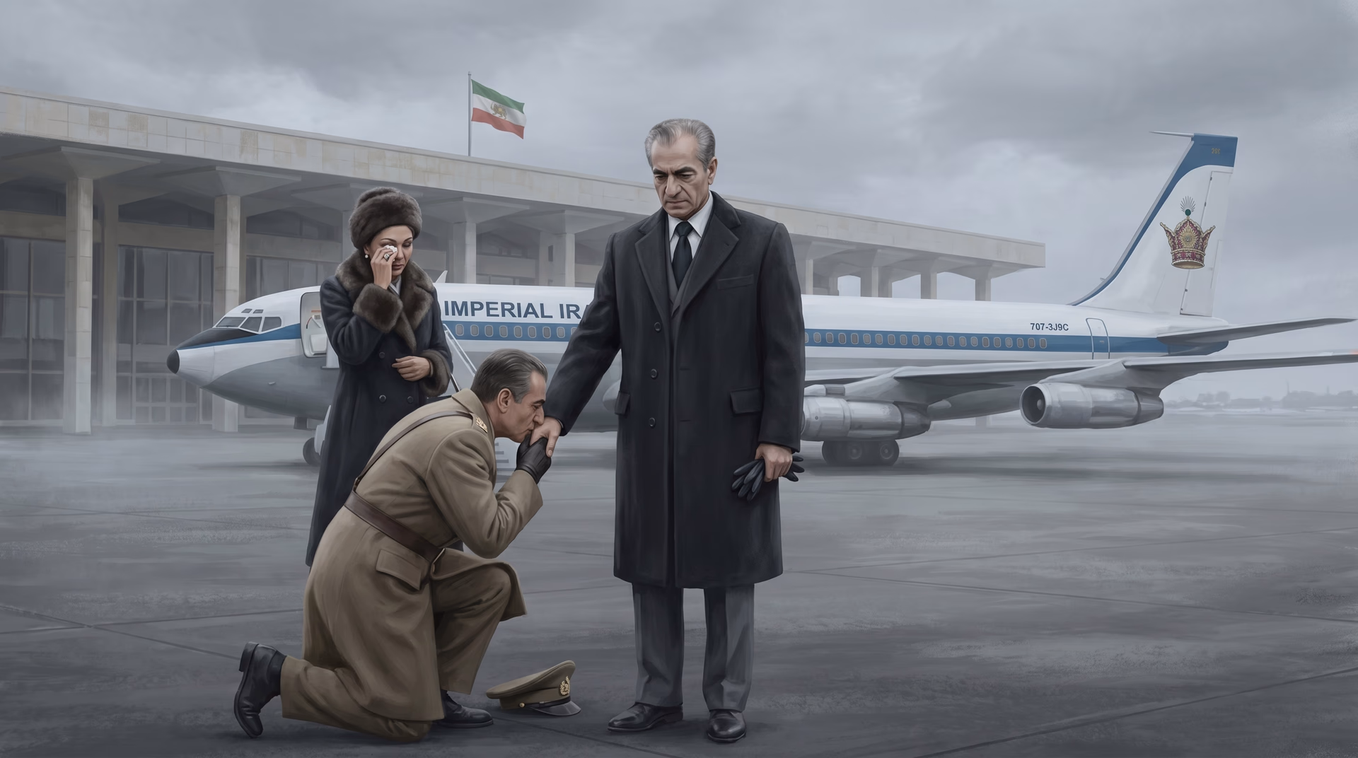 Mohammad Reza Shah Pahlavi and his weeping wife on the tarmac before an Imperial Iranian Boeing 707 as an officer kneels to kiss his hand, leaving Iran in 1979