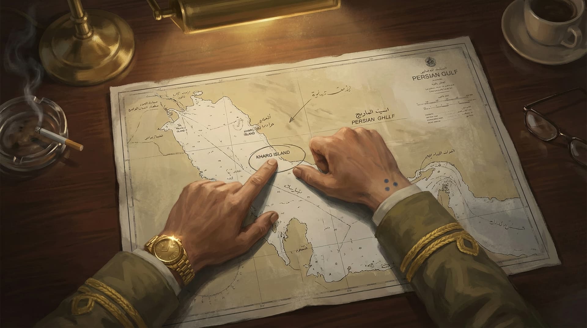 The hands of an Iranian naval officer with gold braid pointing at Kharg Island on a Persian Gulf chart during the 1980s Tanker War