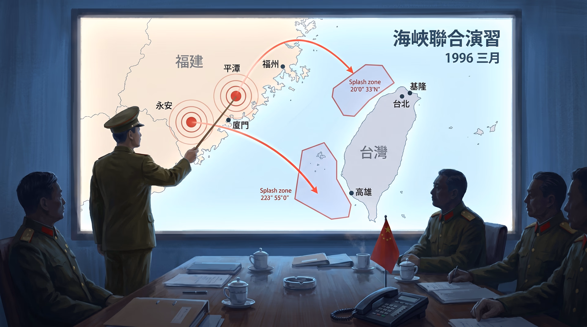 Chinese PLA officers around a 1996 briefing map showing missile splash zones dropped near Taiwan's ports of Keelung and Kaohsiung