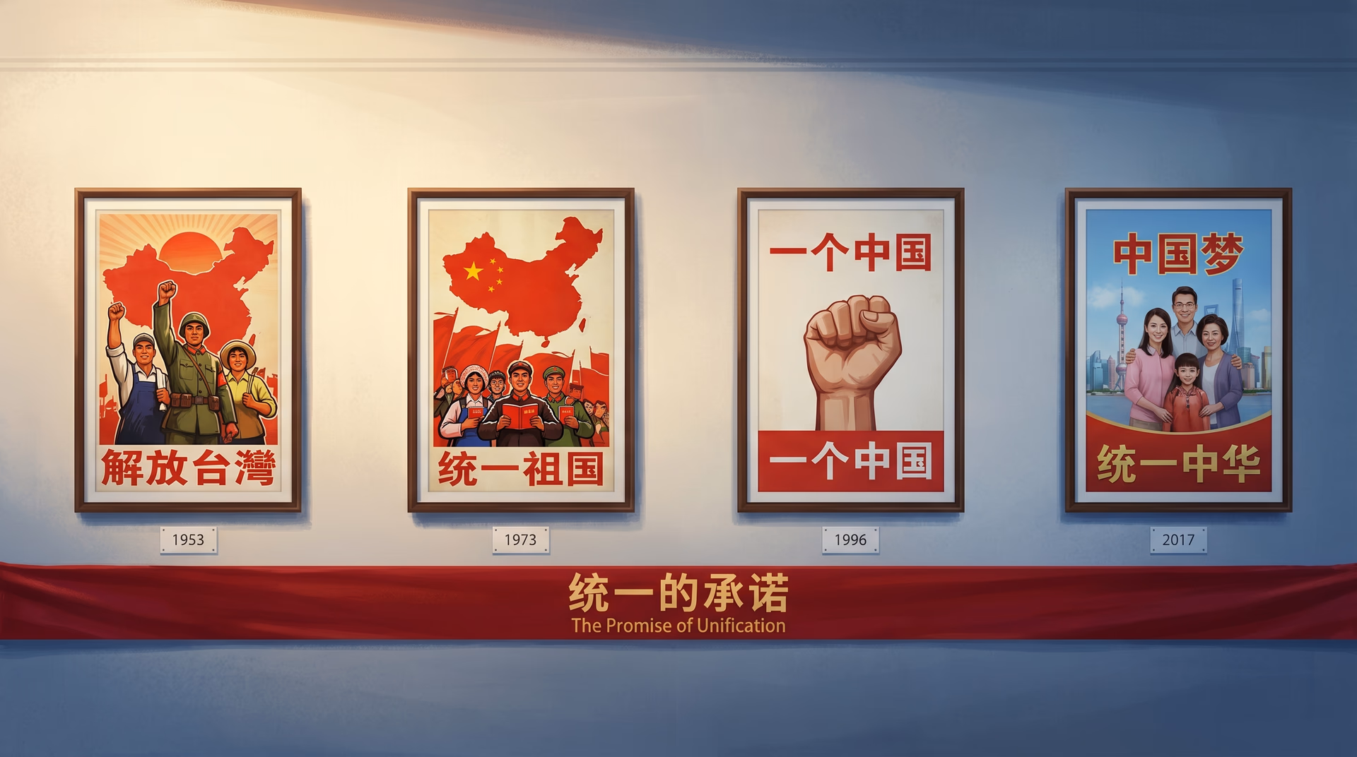 A row of Chinese unification propaganda posters from 1953 to 2017 under the banner The Promise of Unification