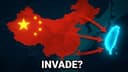 Map of China with red arrows pointing across the strait at a glowing Taiwan under the word INVADE