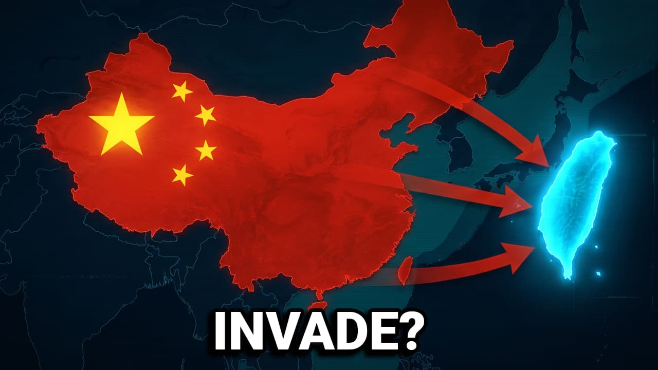 Map of China with red arrows pointing across the strait at a glowing Taiwan under the word INVADE