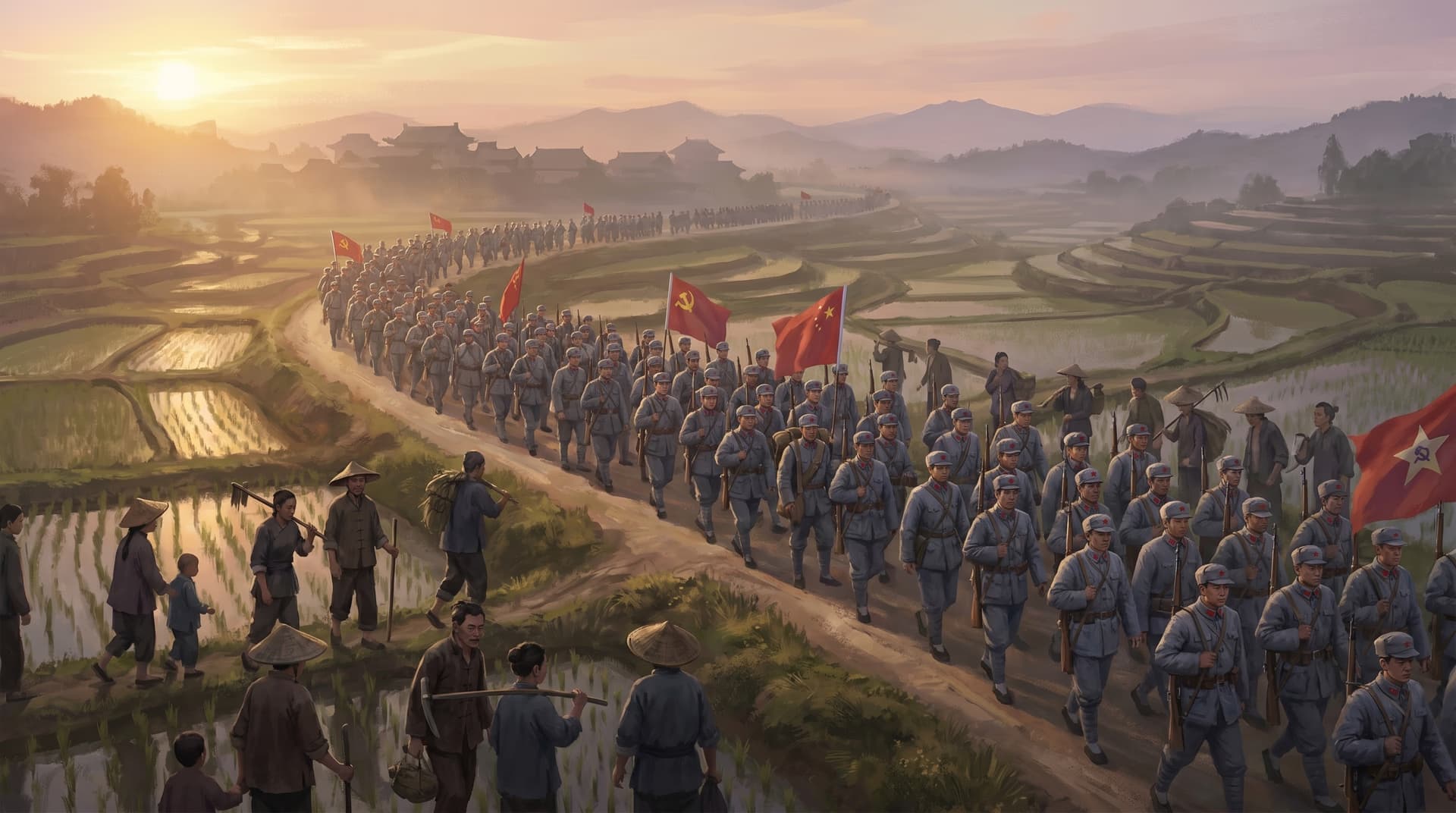 Mao Zedong's Communist Red Army marching south through terraced rice paddies with red flags as peasants look on