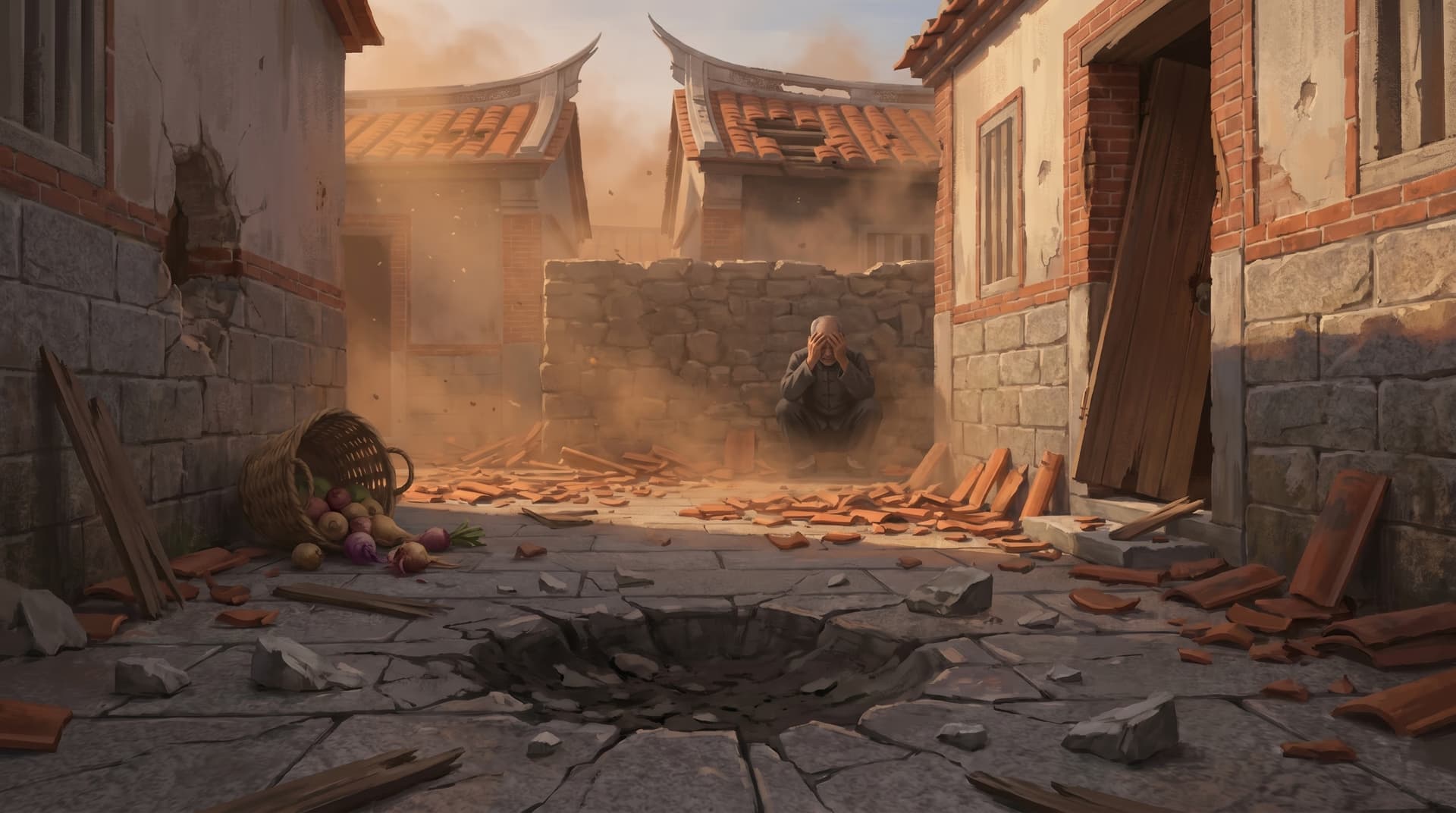 An old man crouching in the rubble of a Quemoy village courtyard beside a fresh shell crater during the 1958 bombardment