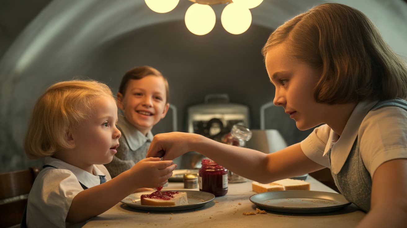 The Goebbels children eating breakfast with jam in the Vorbunker