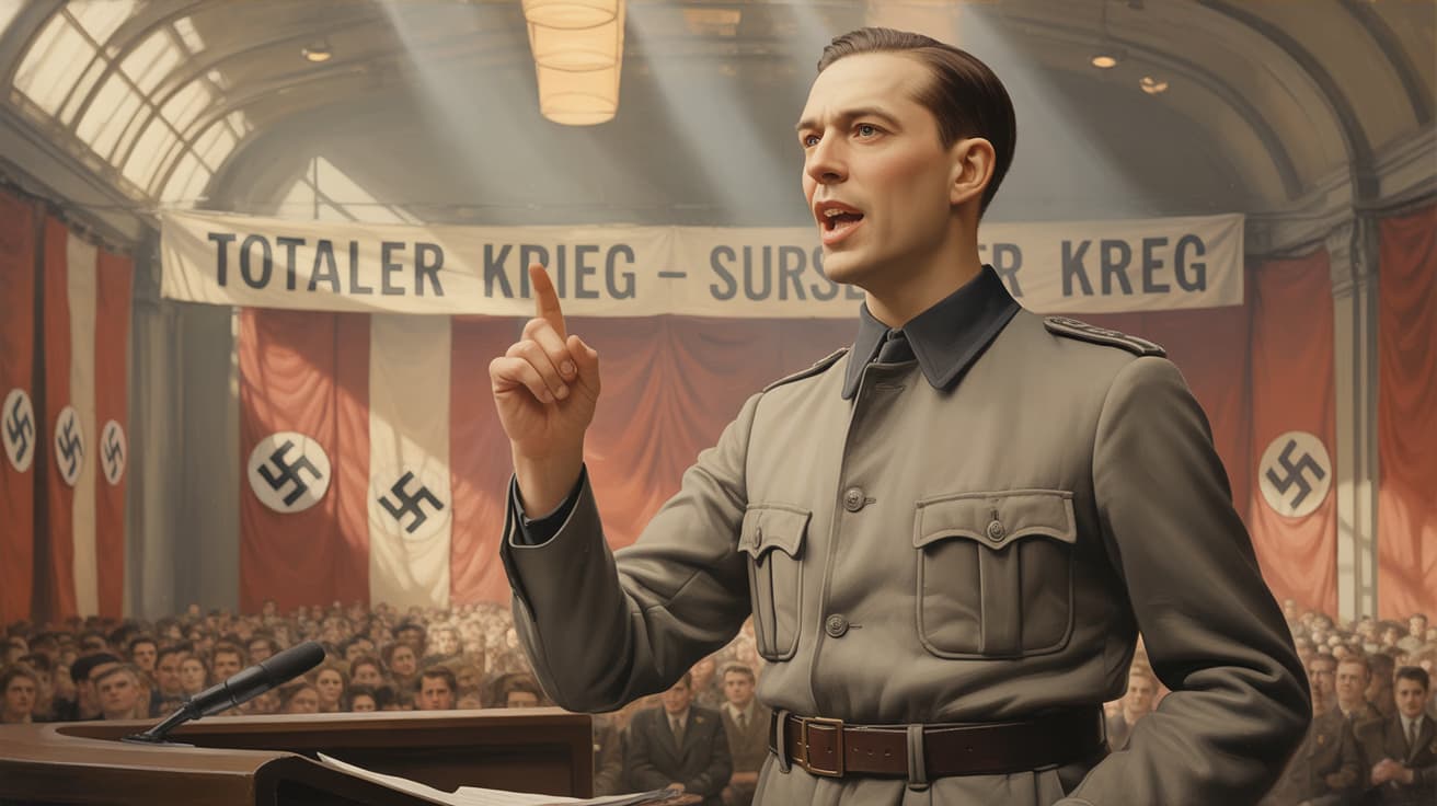 Joseph Goebbels delivering his Total War speech at Berlin Sportpalast with Nazi banners