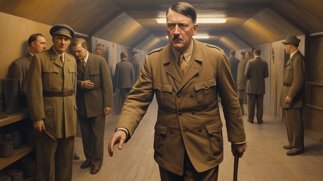 Hitler walking with a cane through his bunker corridor, visibly frail and aged