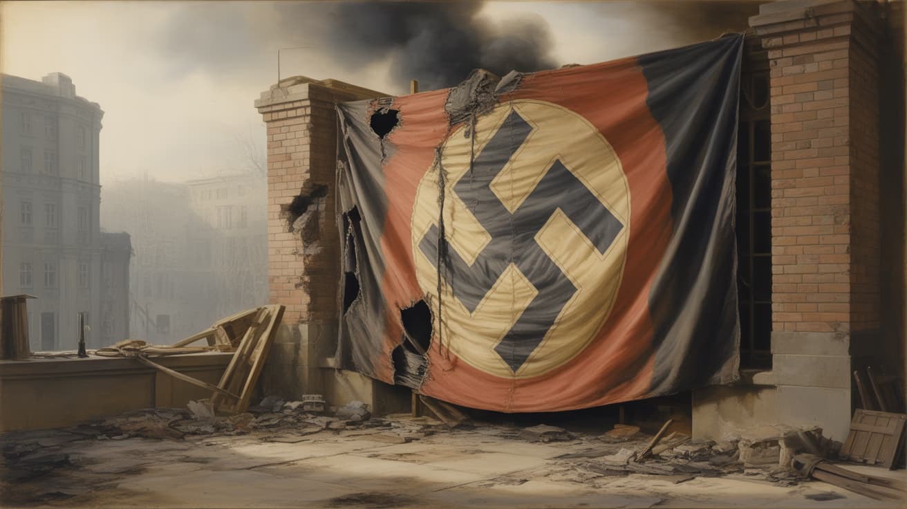 Tattered Nazi flag hanging on bombed ruins of a German building