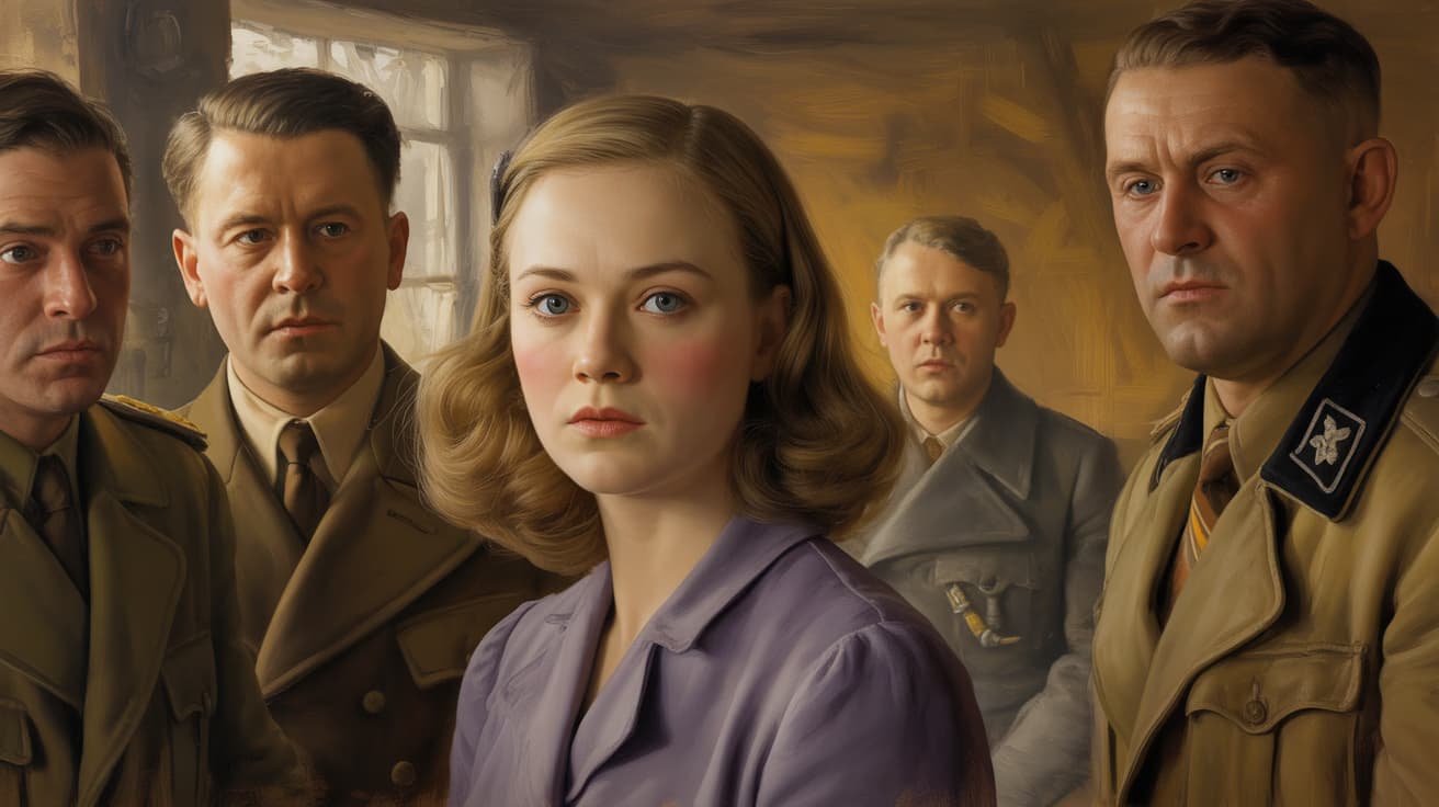 Traudl Junge, Hitler's young secretary, surrounded by Nazi officers in the bunker