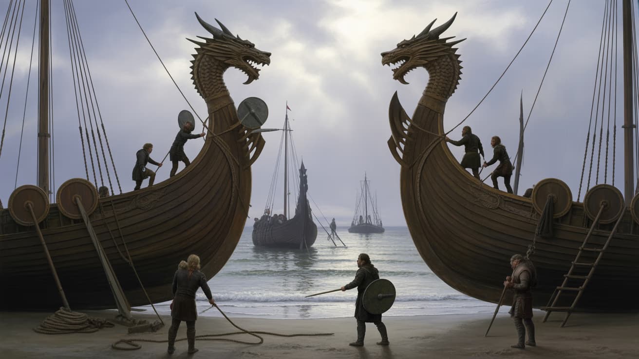 The Great Heathen Army preparing dragon-head longships for invasion of England