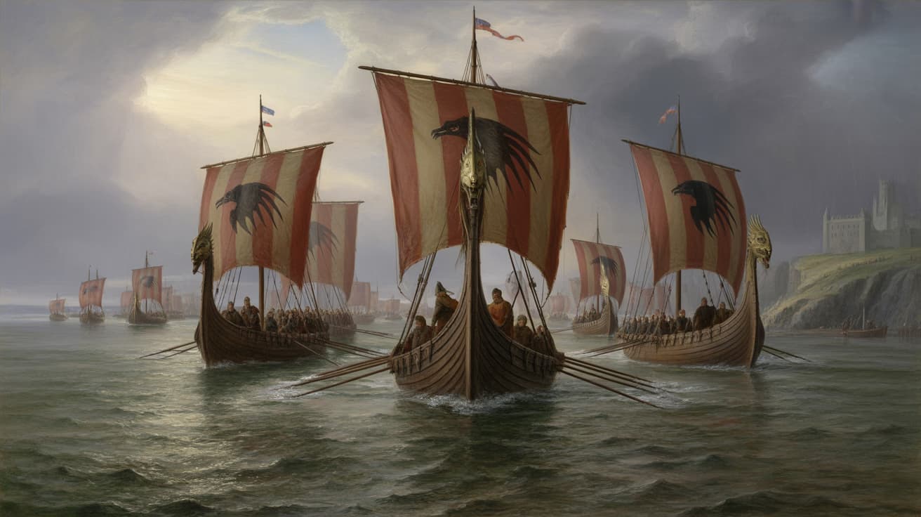 Ragnar Lothbrok's Viking longships with striped sails sailing up the Seine toward Paris