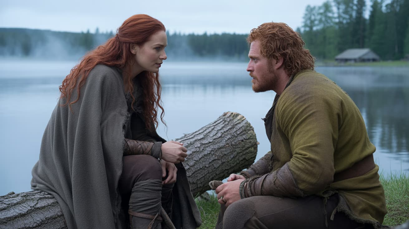 Freydis Eiriksdottir and Finnbogi talking on a fallen log by the lake at dawn