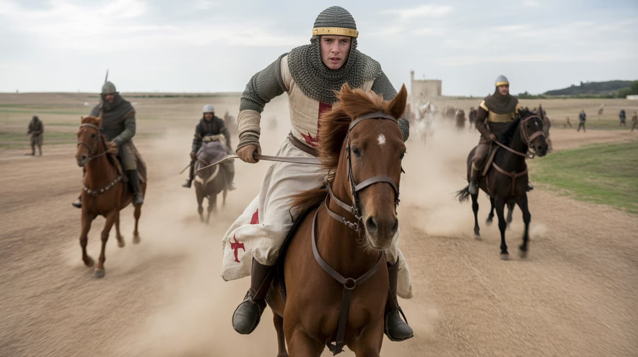 Knights Templar cavalry in chainmail and white surcoats riding across desert plains