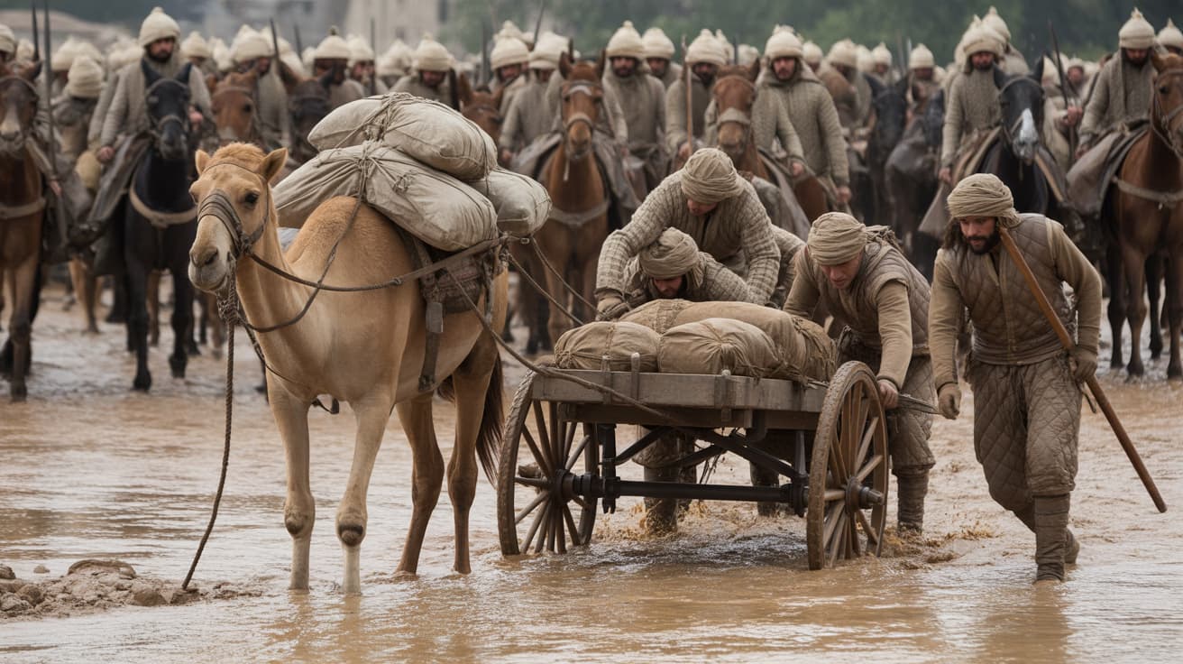 Saladin's baggage train and supply carts stuck in muddy terrain