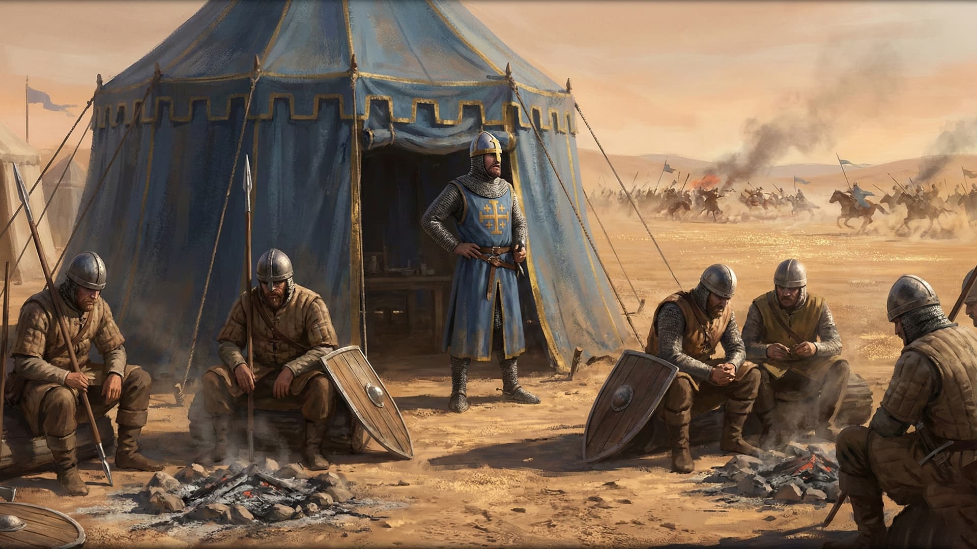 Guy de Lusignan standing idle at his camp while Saladin's raiders burn the countryside