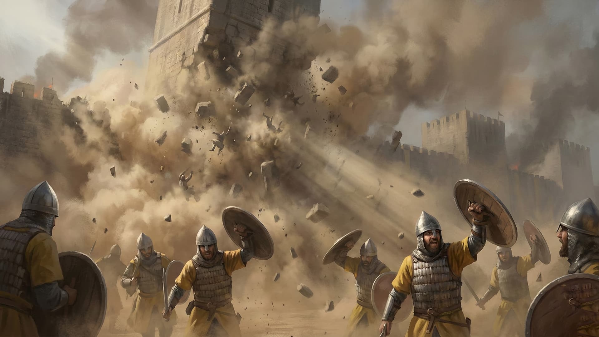The walls of Jacob's Ford castle collapsing as Saladin's soldiers storm through