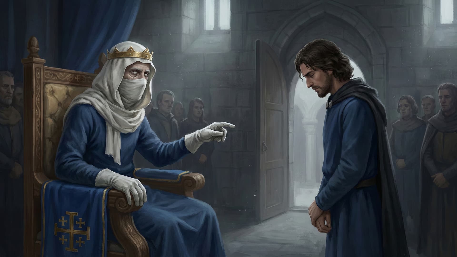 Baldwin IV on his throne stripping Guy de Lusignan of the regency while courtiers watch