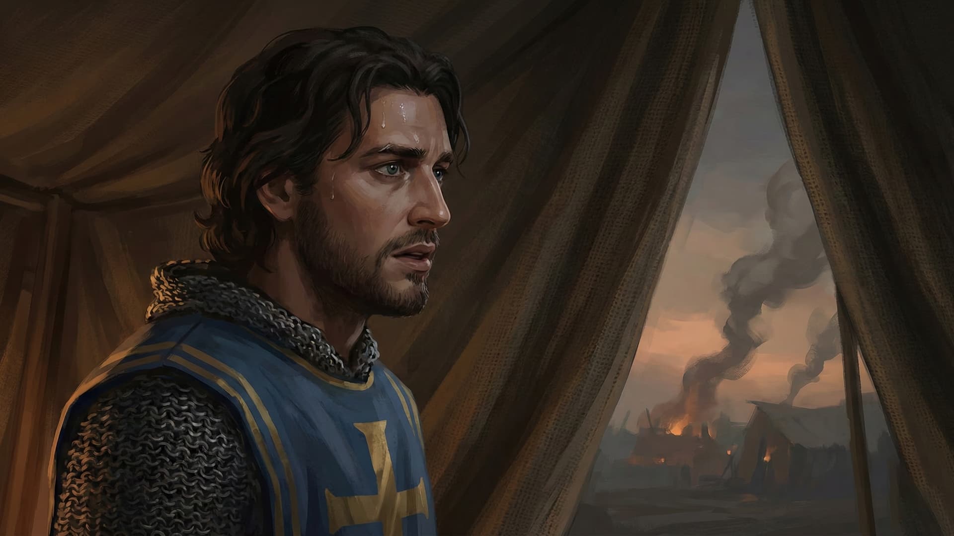 Guy de Lusignan watching smoke rise from burning villages while frozen with indecision in his tent