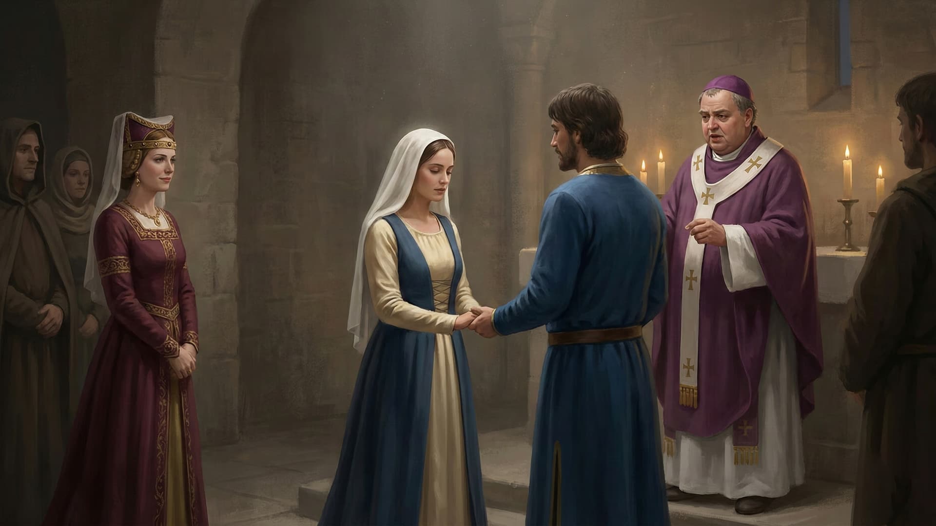 Sibylla and Guy de Lusignan exchanging vows in a rushed wedding ceremony with Agnes of Courtenay watching
