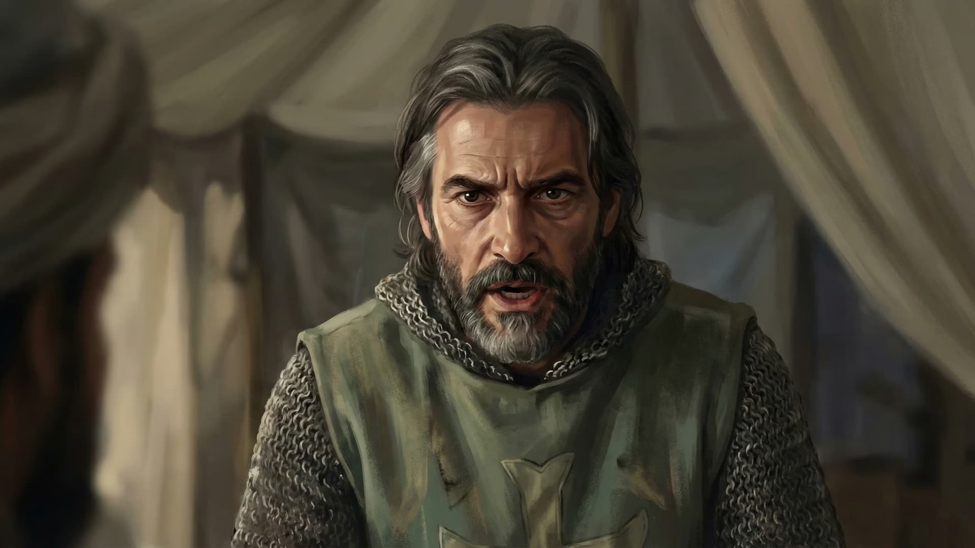 Balian of Ibelin confronts Saladin in the sultan's tent to negotiate Jerusalem's surrender