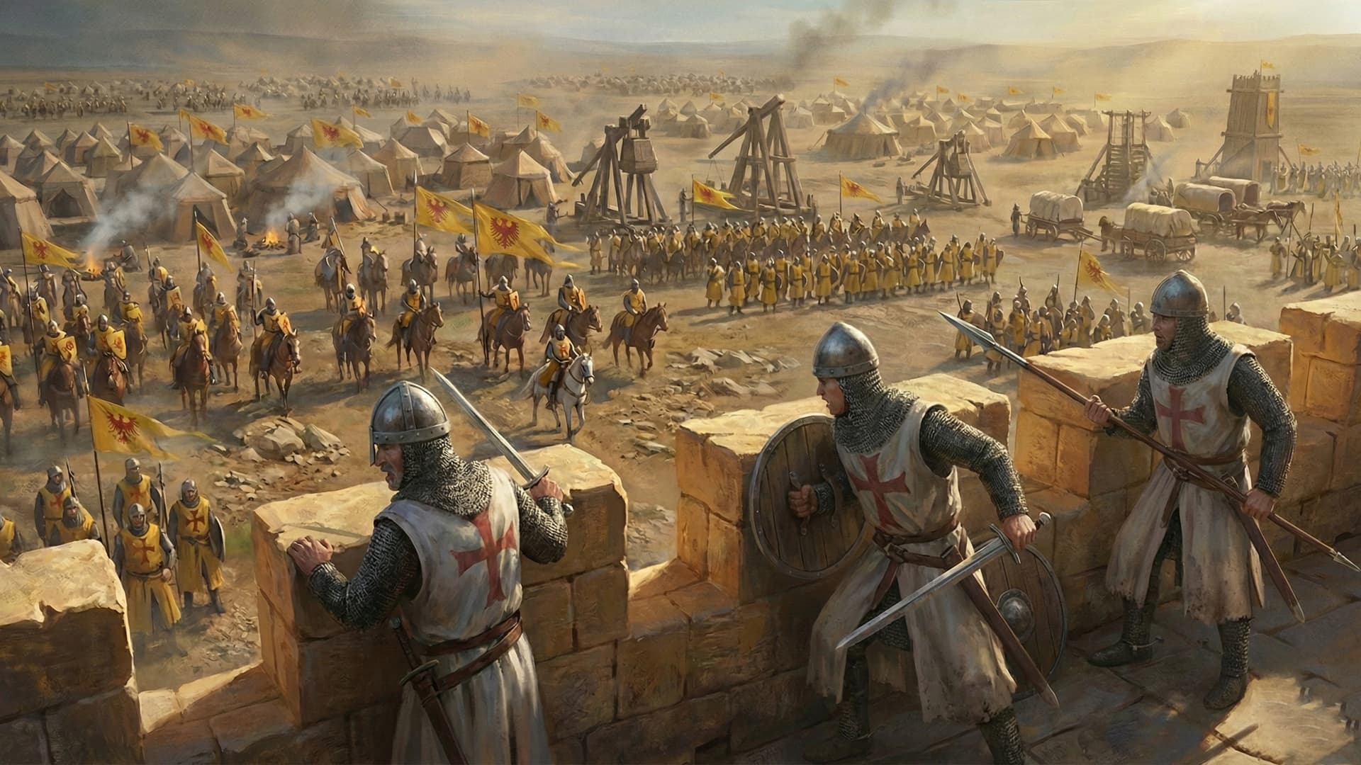 Crusader knights stand guard on Jerusalem's walls as Saladin's siege camp spreads across the horizon