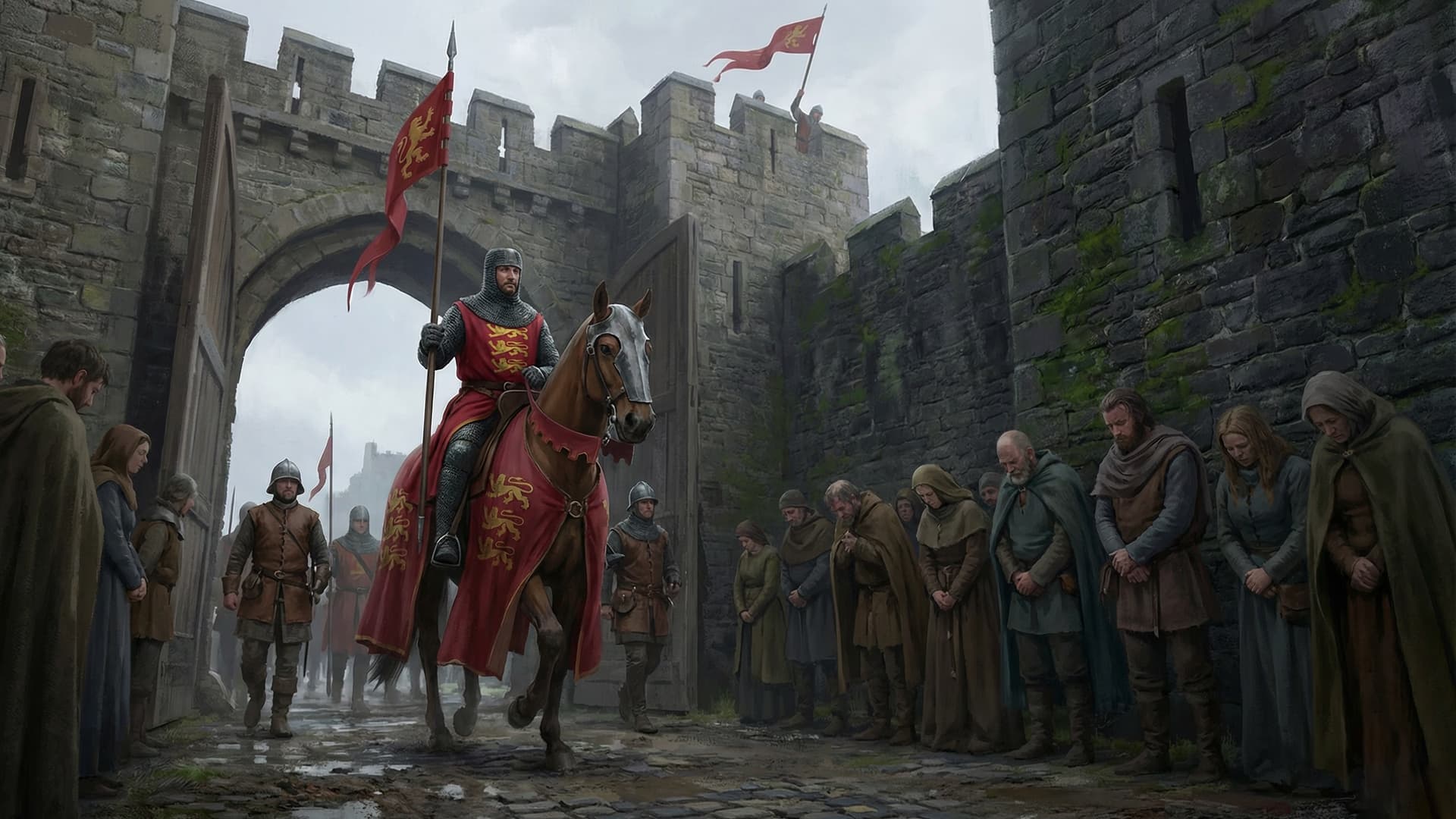 English soldier on horseback riding through a Scottish castle gate as conquered Scots watch in submission