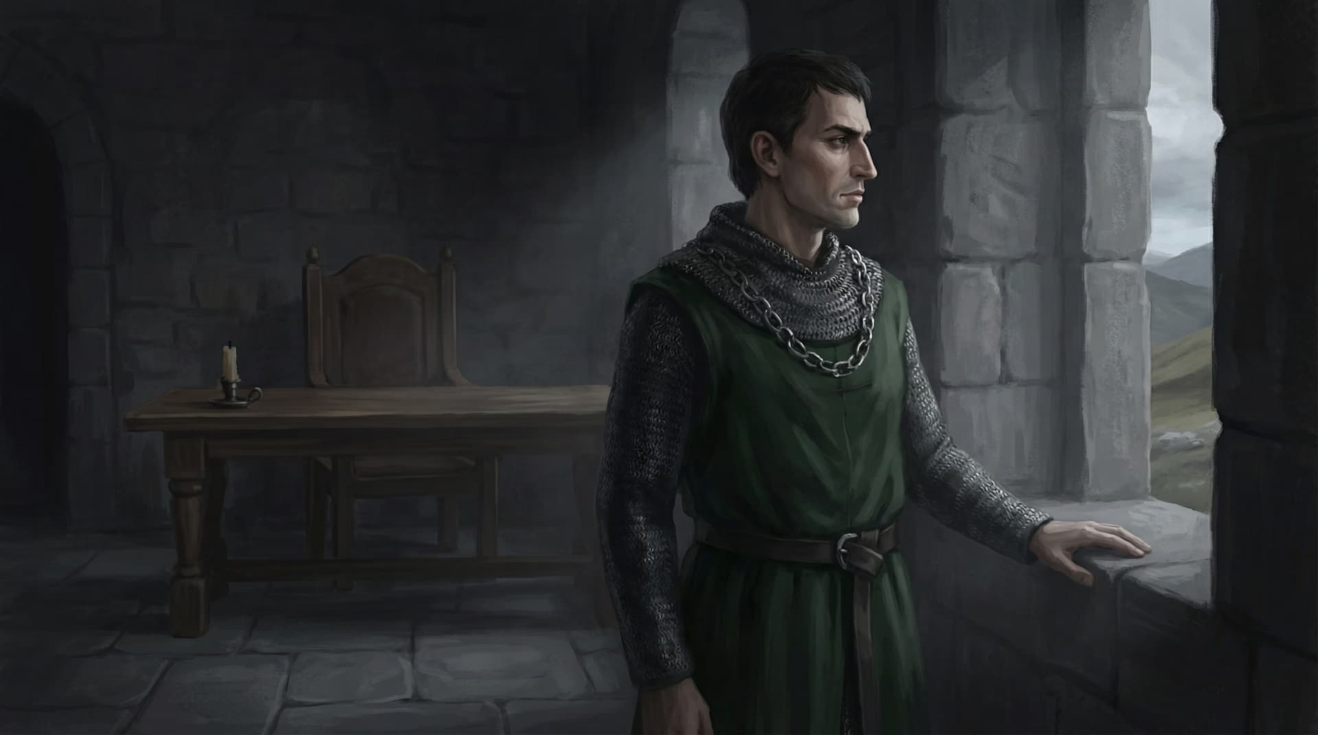 Sir John de Menteith in chainmail and green tunic standing in Dumbarton Castle, gazing out a stone window