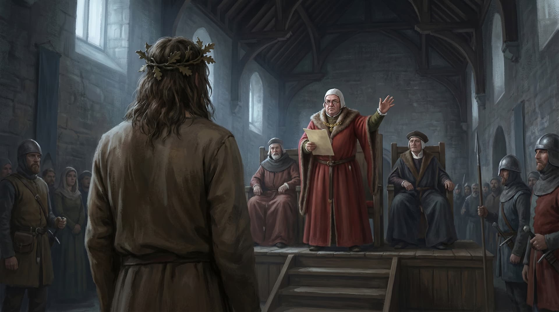 William Wallace wearing an oak leaf crown facing the judge in red robes reading charges at Westminster Hall, surrounded by guards